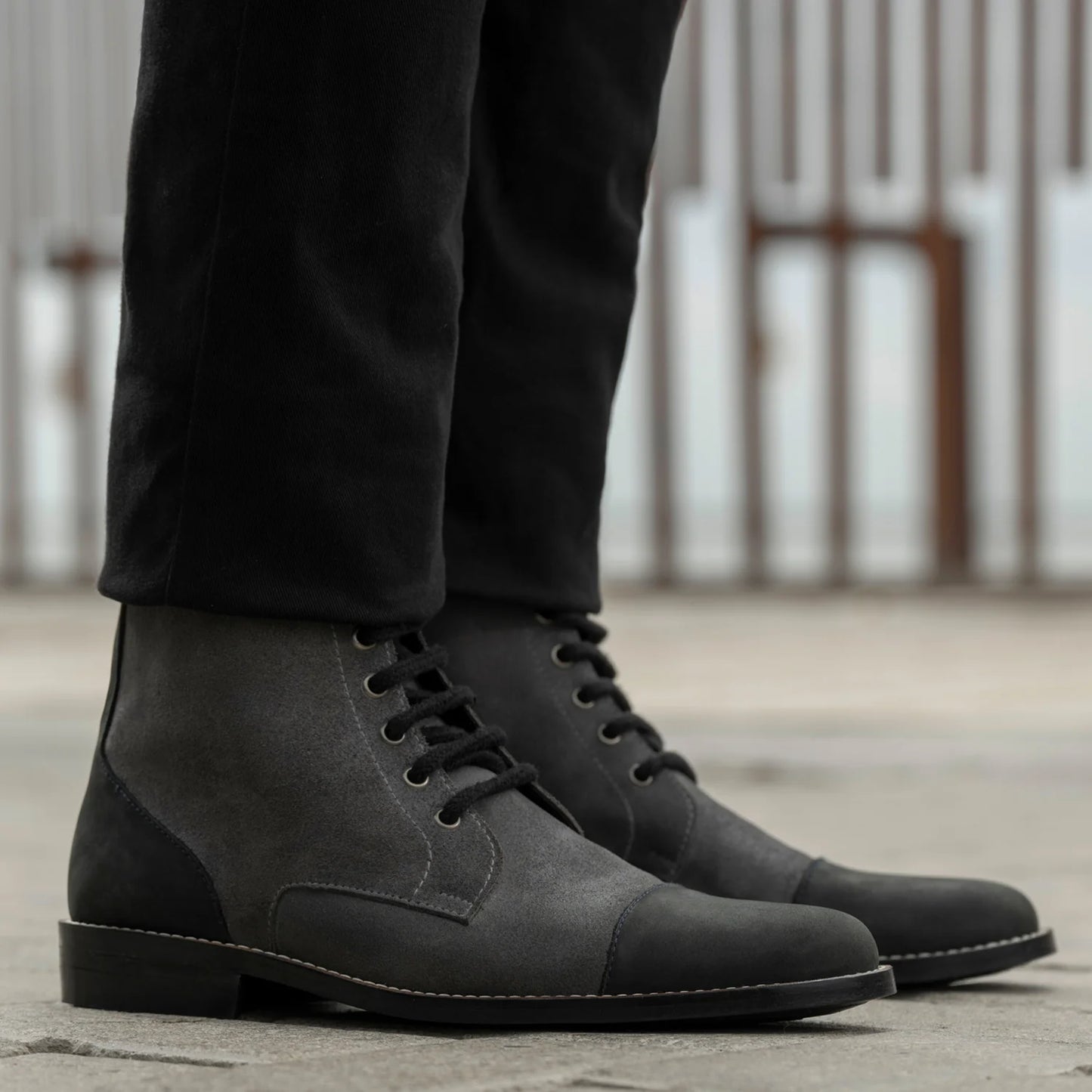 Knight Derby Grey & Black Leather Boots - StudGuard