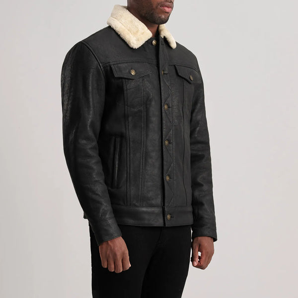 Dallis Distressed Black Leather Shearling Trucker Jacket
