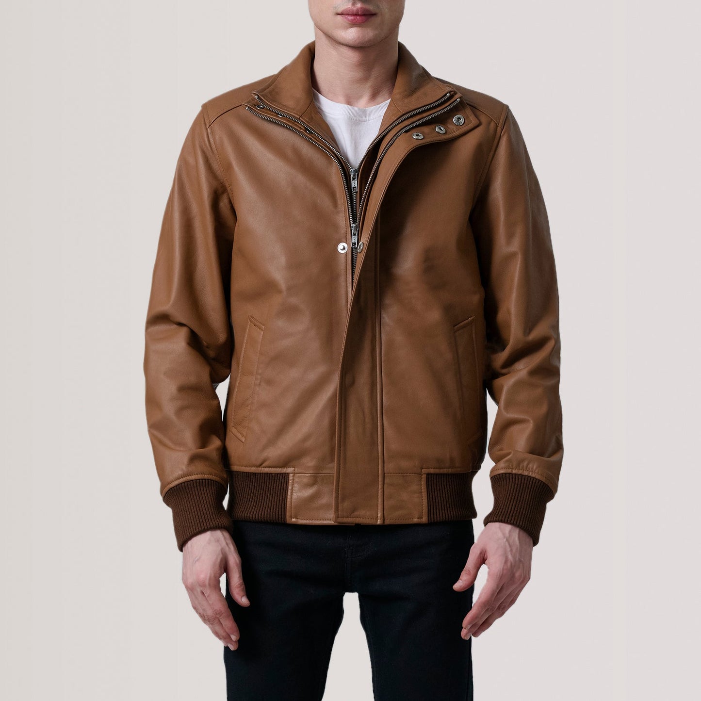 Lester Tan Leather Bomber Jacket