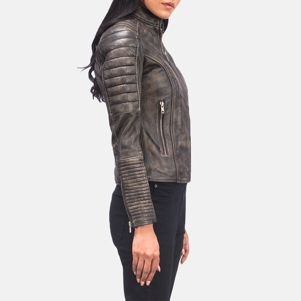 Adalyn Quilted Distressed Brown Leather Biker Jacket SH652
